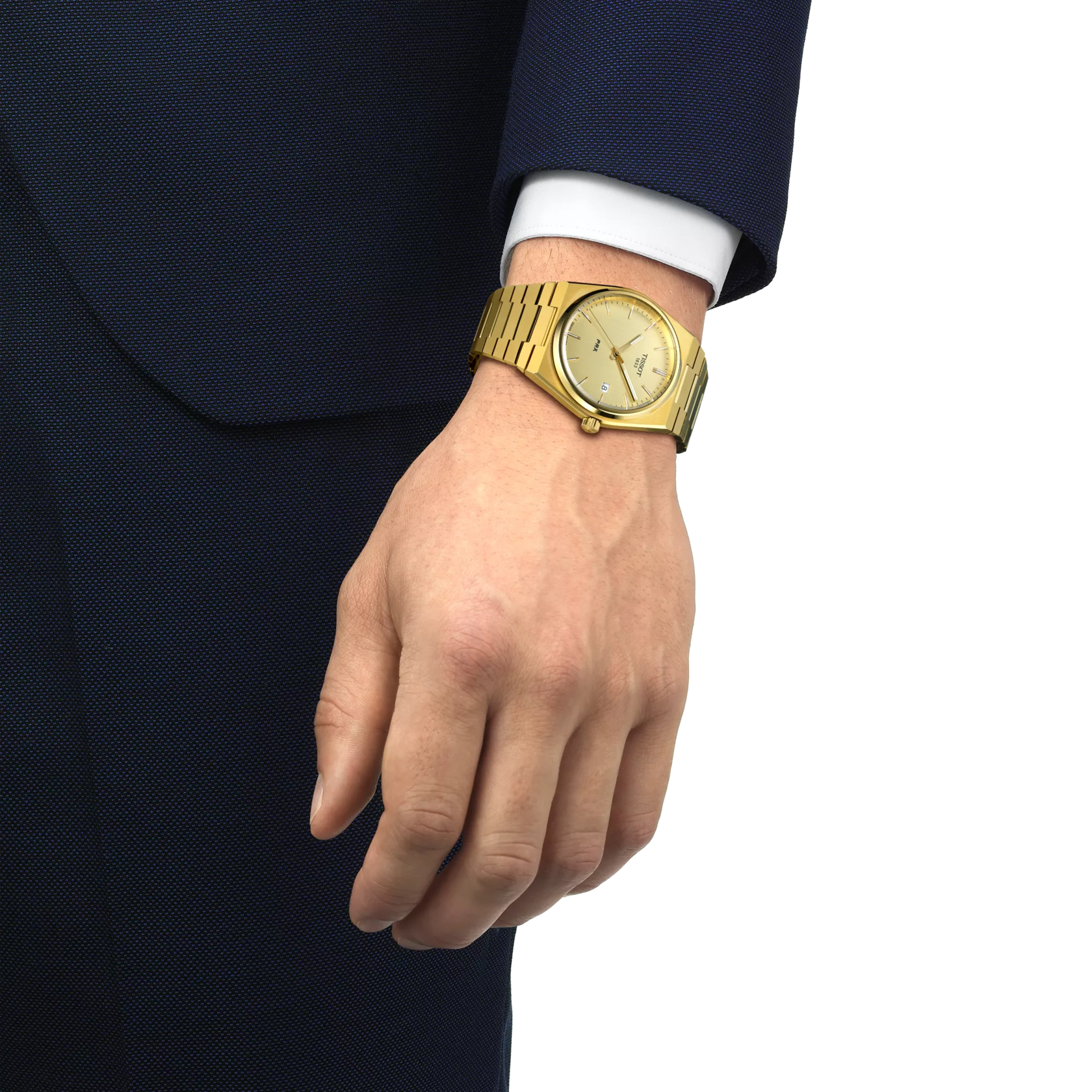 RELOJ TISSOT PRX, CUARZO, ESFERA DORADA, BRAZALETE DE ACERO PVD TONO ORO, FECHA, 40 MM