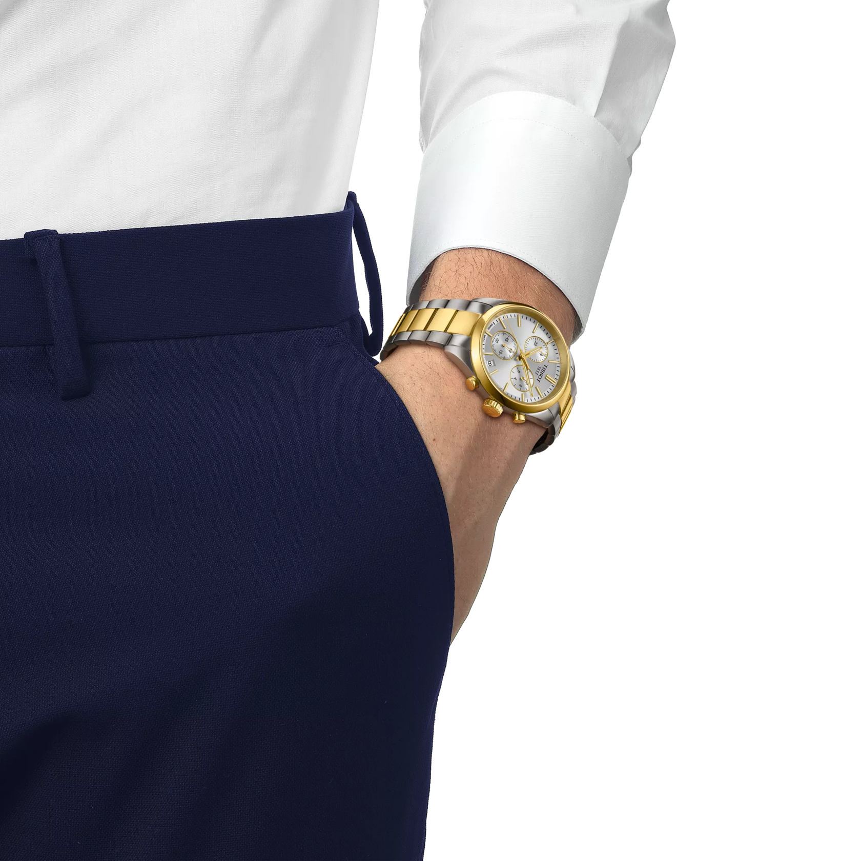 RELOJ TISSOT PR 100, CUARZO, ESFERA GRIS, BRAZALETE DE ACERO PVD, CRONCÓGRAFO, 40 MM