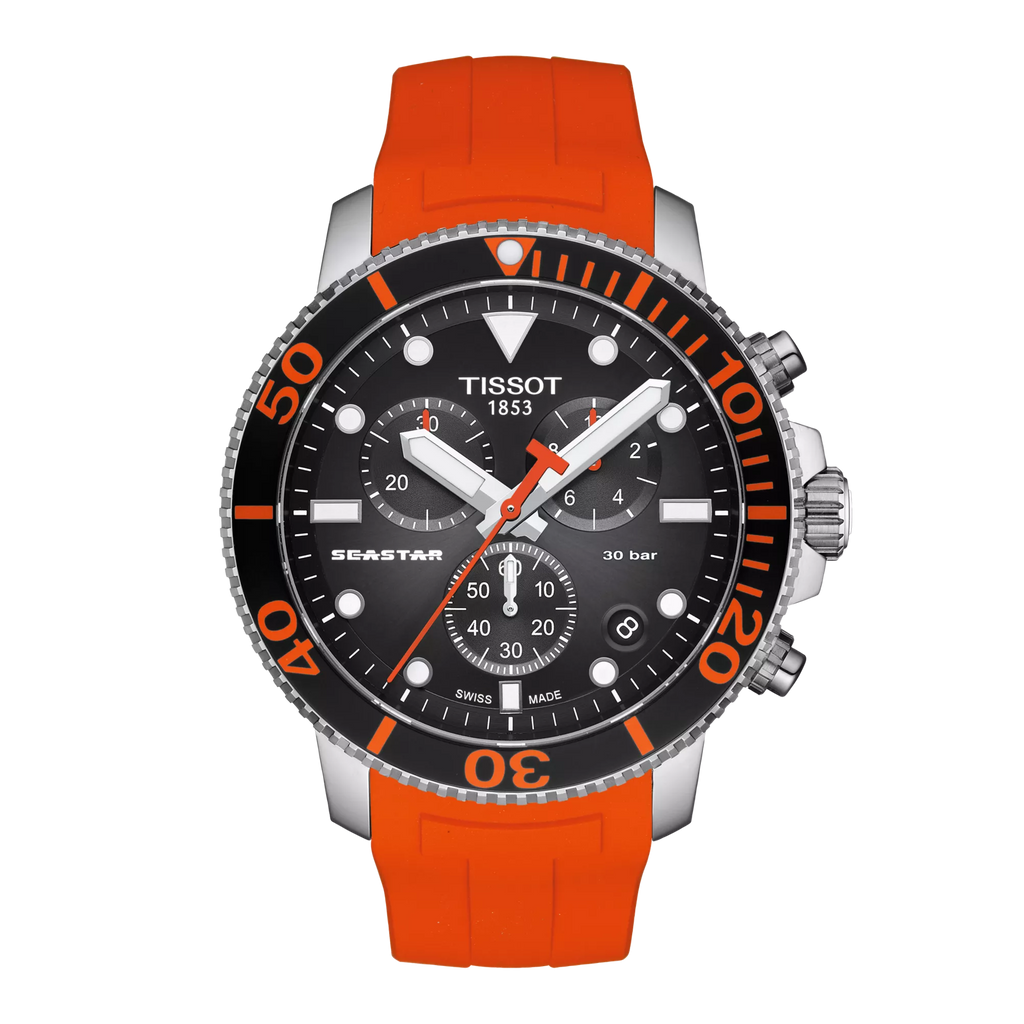 RELOJ TISSOT SEASTAR 1000, CUARZO, ESFERA NEGRA, FAJA DE CAUCHO NARANJA, CRONCÓGRAFO, 45.5 MM