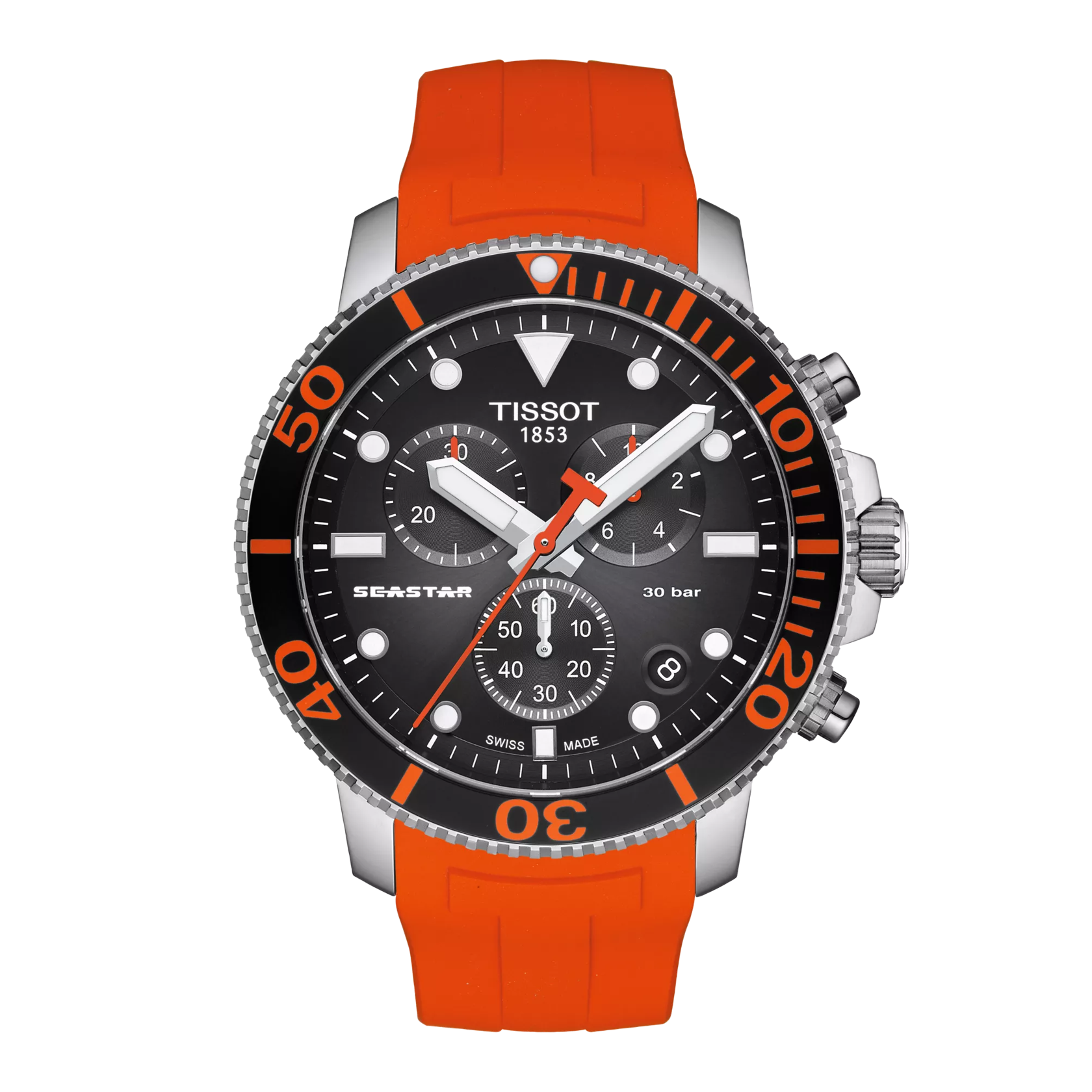 RELOJ TISSOT SEASTAR 1000, CUARZO, ESFERA NEGRA, FAJA DE CAUCHO NARANJA, CRONCÓGRAFO, 45.5 MM