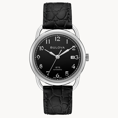 RELOJ BULOVA COMMODORE, AUTOMATICO, ESFERA NEGRA, BRAZALETE DE CUERO NEGRO, FECHA, 38 MM