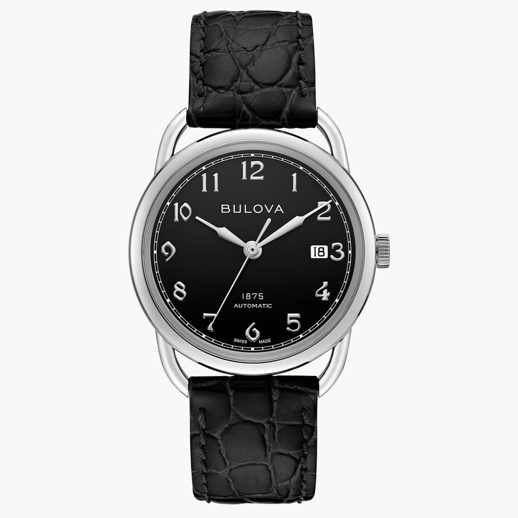 RELOJ BULOVA COMMODORE, AUTOMATICO, ESFERA NEGRA, BRAZALETE DE CUERO NEGRO, FECHA, 38 MM