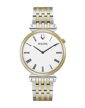 RELOJ BULOVA CLASSIC CUARZO, ESFERA BLANCA, BRAZALETE DE ACERO BICOLOR, 38 MM