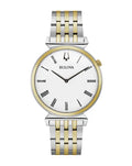 RELOJ BULOVA CLASSIC CUARZO, ESFERA BLANCA, BRAZALETE DE ACERO BICOLOR, 38 MM