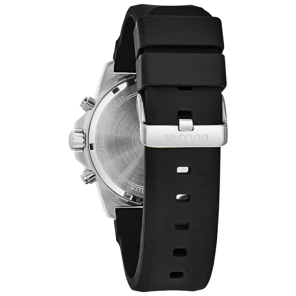 RELOJ BULOVA MARINE STAR, CUARZO, ESFERA AZUL, BRAZALETE DE CAUCHO NEGRO, CRONOGRAFO, FECHA, 44 MM