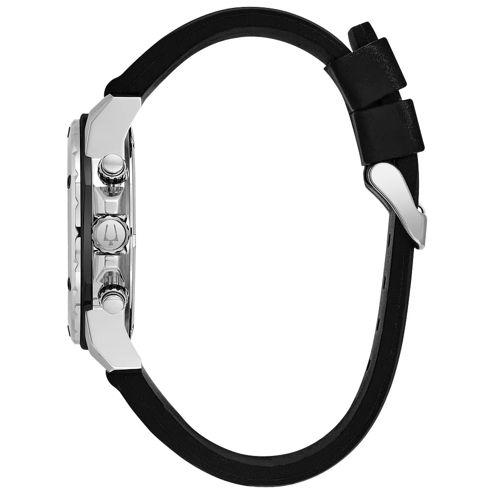 RELOJ BULOVA MARINE STAR, CUARZO, ESFERA AZUL, BRAZALETE DE CAUCHO NEGRO, CRONOGRAFO, FECHA, 44 MM