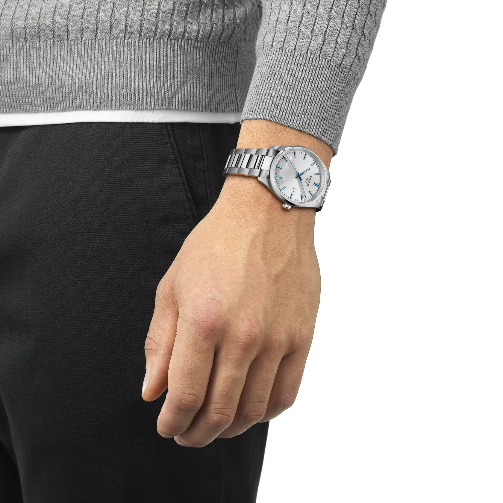 RELOJ TISSOT PR 100 JUNGFRAUBAHN, CUARZO, ESFERA GRIS, BRAZALETE DE ACERO, FECHA, 40 MM