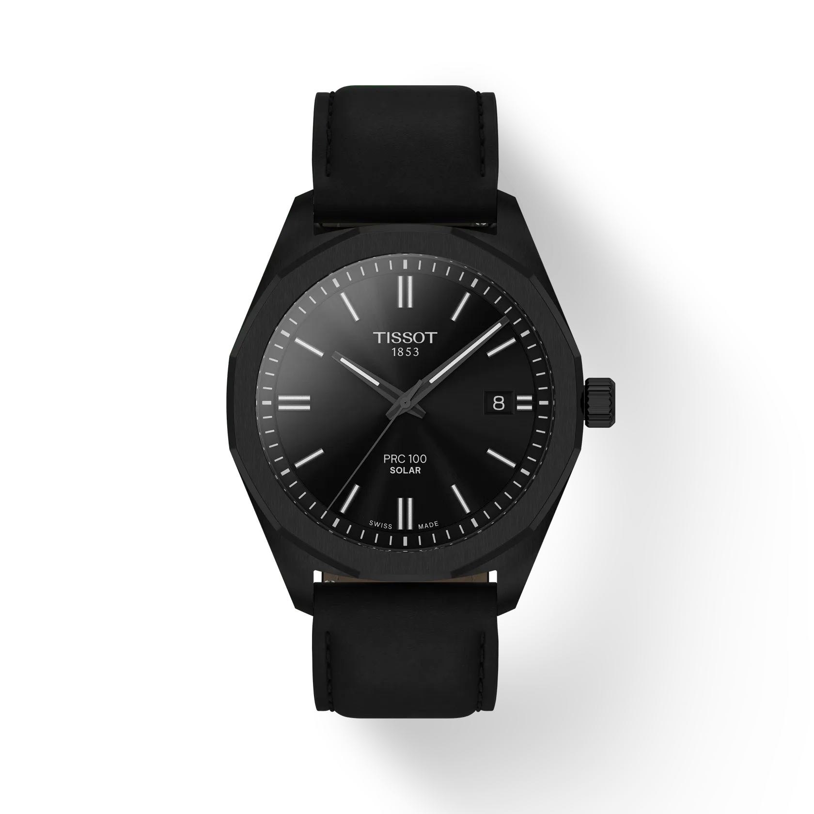 RELOJ TISSOT PR100 SOLAR, ESFERA NEGRA, BRAZALETE DE CUERO NEGRO, FECHA, 39 MM