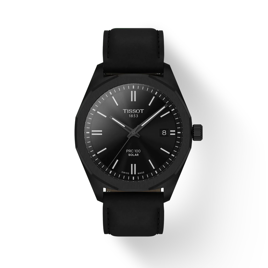 RELOJ TISSOT PR100 SOLAR, ESFERA NEGRA, BRAZALETE DE CUERO NEGRO, FECHA, 39 MM