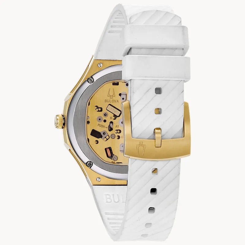 RELOJ BULOVA CURV, CUARZO, ESFERA BLANCA, BRAZALETE DE CAUCHO BLANCO, DIAMANTES, 40.5 MM