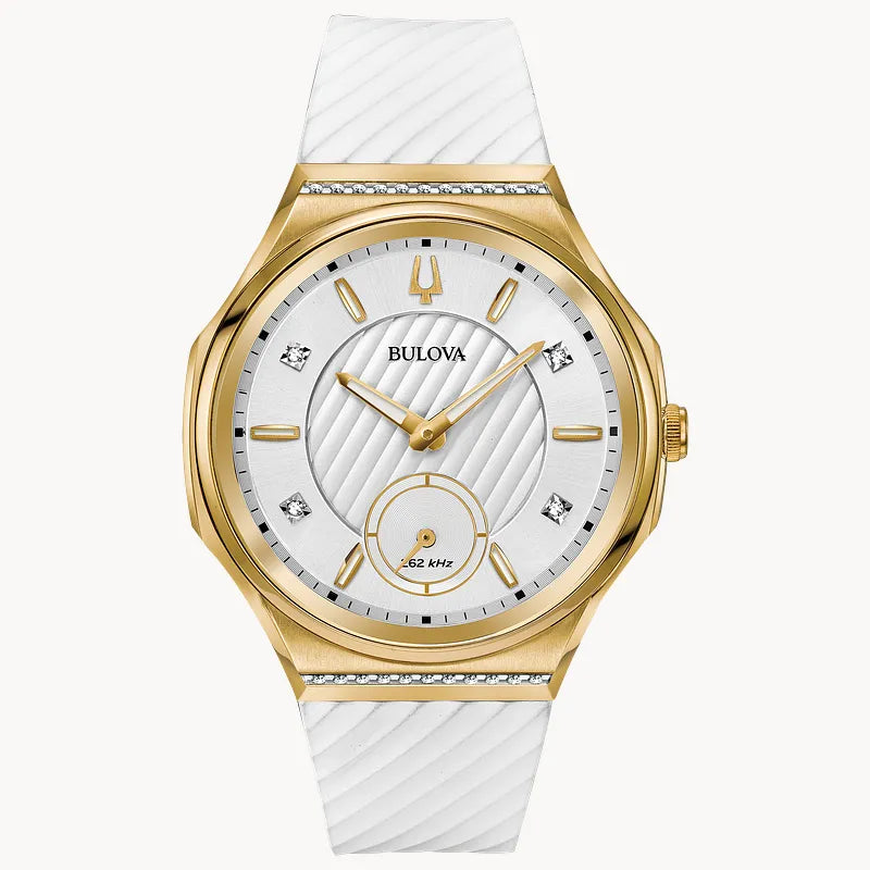 RELOJ BULOVA CURV, CUARZO, ESFERA BLANCA, BRAZALETE DE CAUCHO BLANCO, DIAMANTES, 40.5 MM