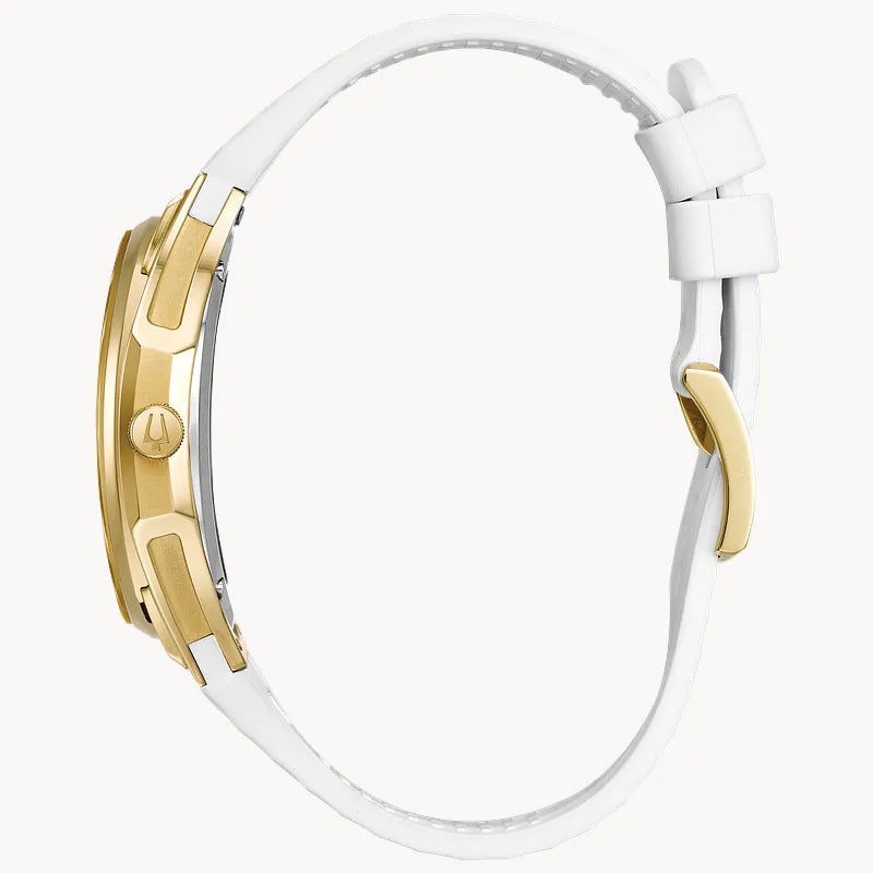 RELOJ BULOVA CURV, CUARZO, ESFERA BLANCA, BRAZALETE DE CAUCHO BLANCO, DIAMANTES, 40.5 MM