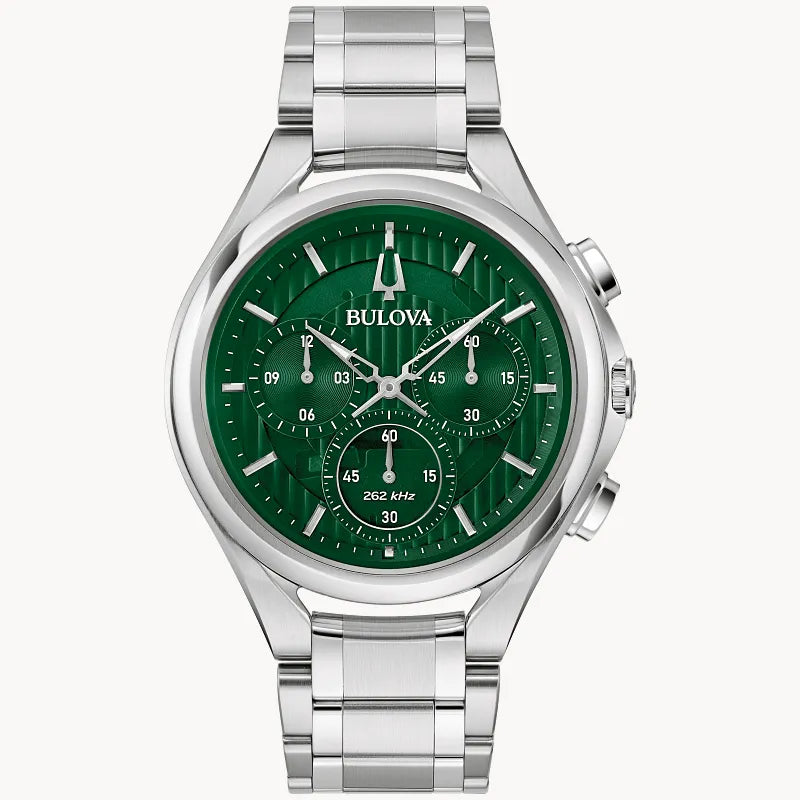 RELOJ BULOVA CURV, CUARZO, ESFERA VERDE, BRAZALETE DE ACERO, CRONOGRAFO, 44 MM