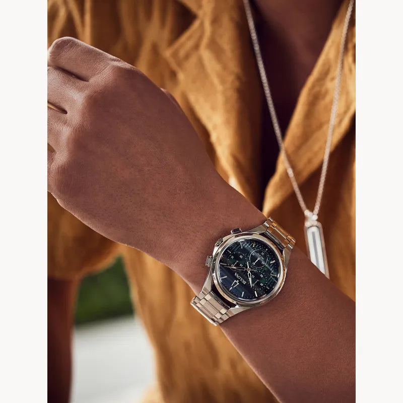 RELOJ BULOVA CURV, CUARZO, ESFERA VERDE, BRAZALETE DE ACERO, CRONOGRAFO, 44 MM