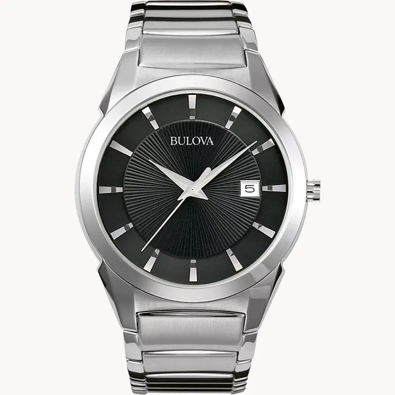 RELOJ BULOVA CLASSIC, CUARZO, ESFERA NEGRA, BRAZALETE DE ACERO, FECHA, 38 MM