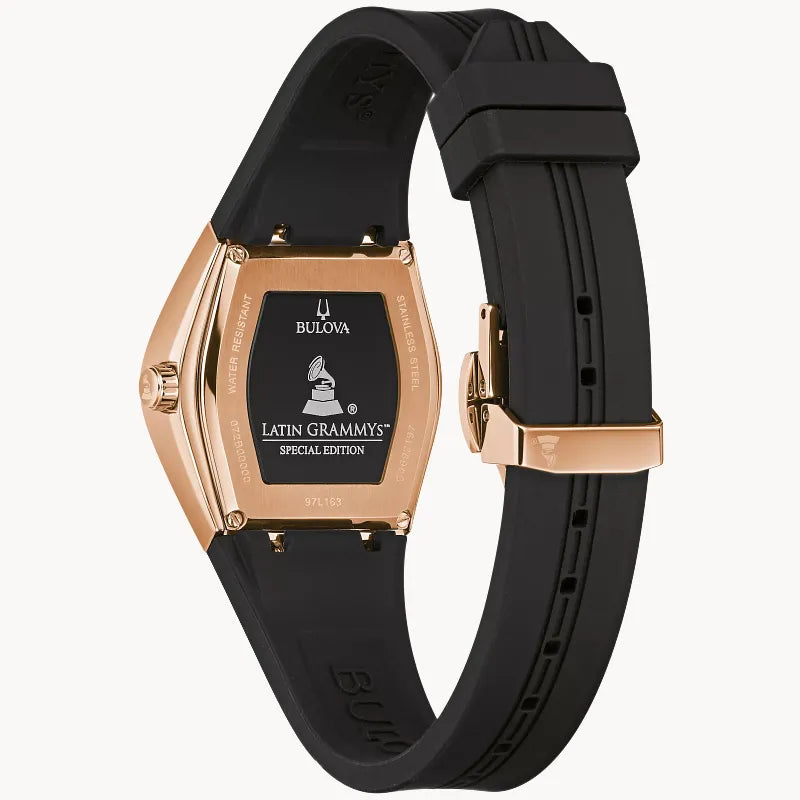 RELOJ BULOVA GEMINI LATIN GRAMMY, CUARZO, ESFERA NEGRA, BRAZALETE DE CAUCHO NEGRO, 30 MM