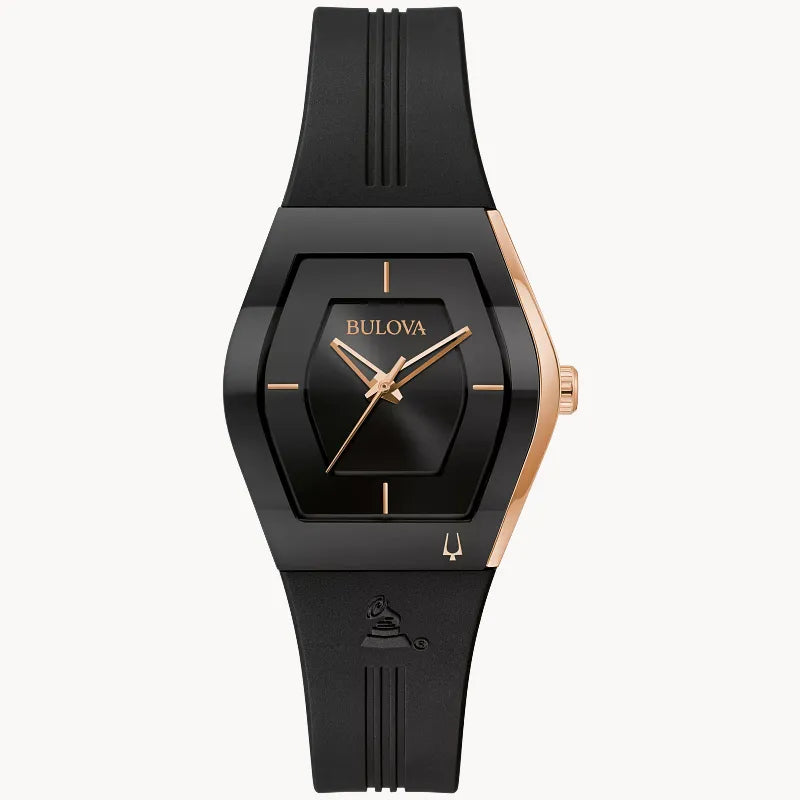 RELOJ BULOVA GEMINI LATIN GRAMMY, CUARZO, ESFERA NEGRA, BRAZALETE DE CAUCHO NEGRO, 30 MM