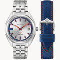 RELOJ BULOVA JET STAR, CUARZO, ESFERA PLATEADA, BRAZALETE DE ACERO, FECHA, 40 MM