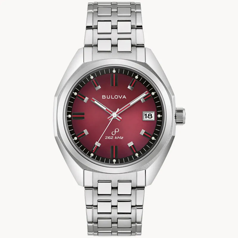 RELOJ BULOVA JET STAR, CUARZO, ESFERA ROJA, BRAZALETE DE ACERO, FECHA, 40 MM