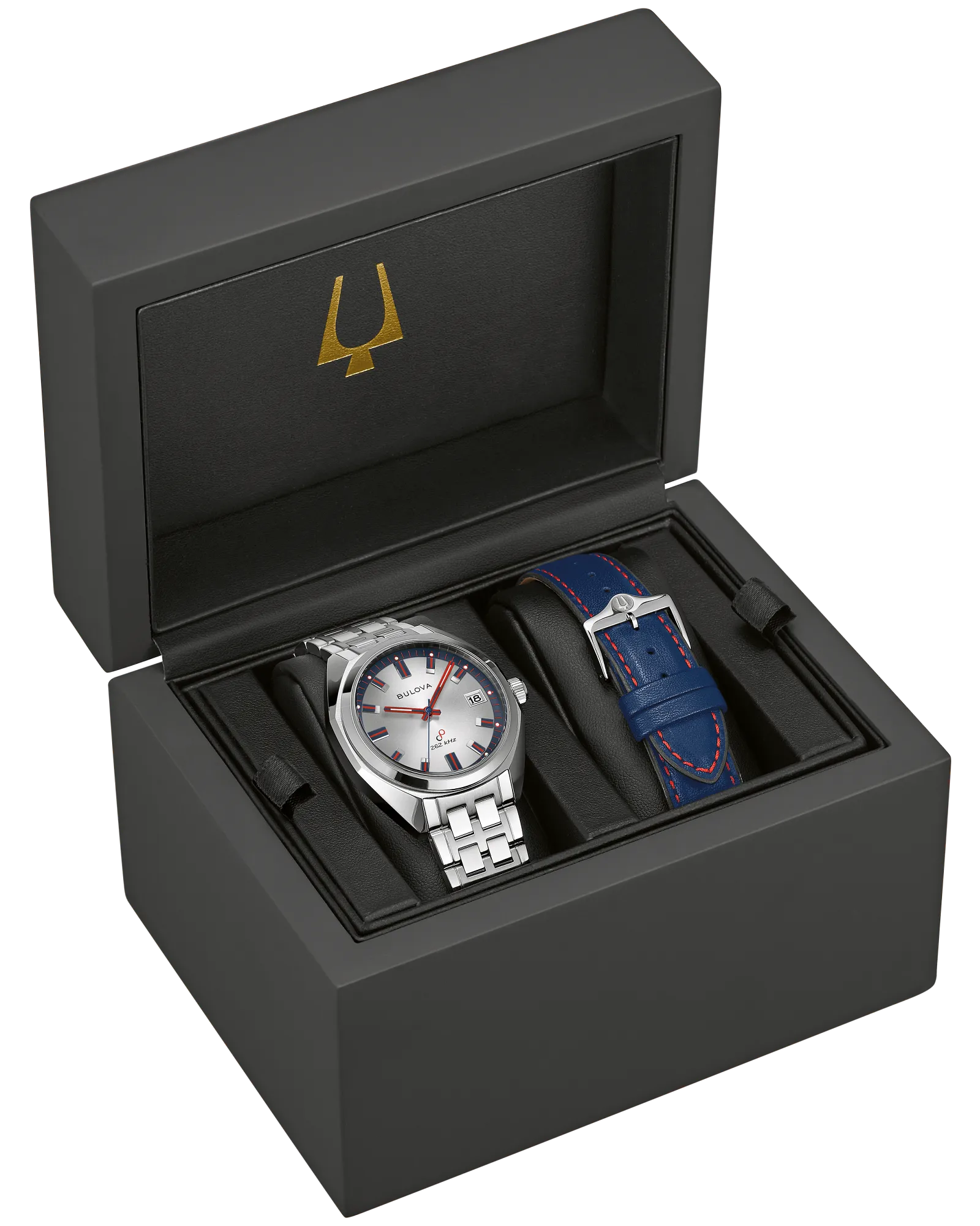 RELOJ BULOVA JET STAR, CUARZO, ESFERA PLATEADA, BRAZALETE DE ACERO, FECHA, 40 MM