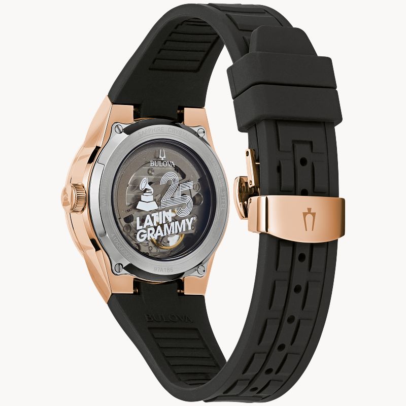 RELOJ BULOVA LATIN GRAMMY, AUTOMATICO, ESFERA DORADA, BRAZALETE DE CAUCHO NEGRO, 38 MM