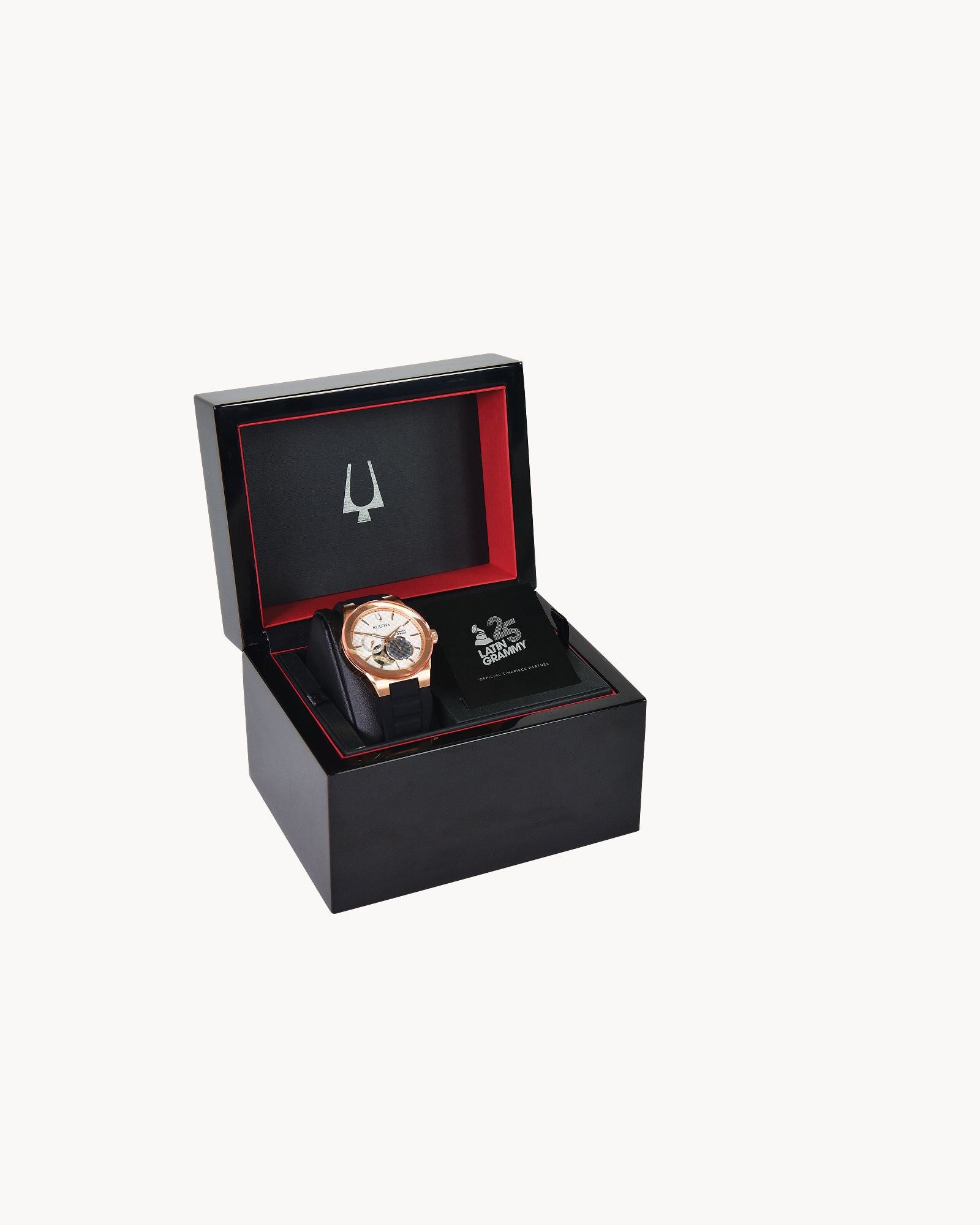 RELOJ BULOVA LATIN GRAMMY, AUTOMATICO, ESFERA DORADA, BRAZALETE DE CAUCHO NEGRO, 38 MM