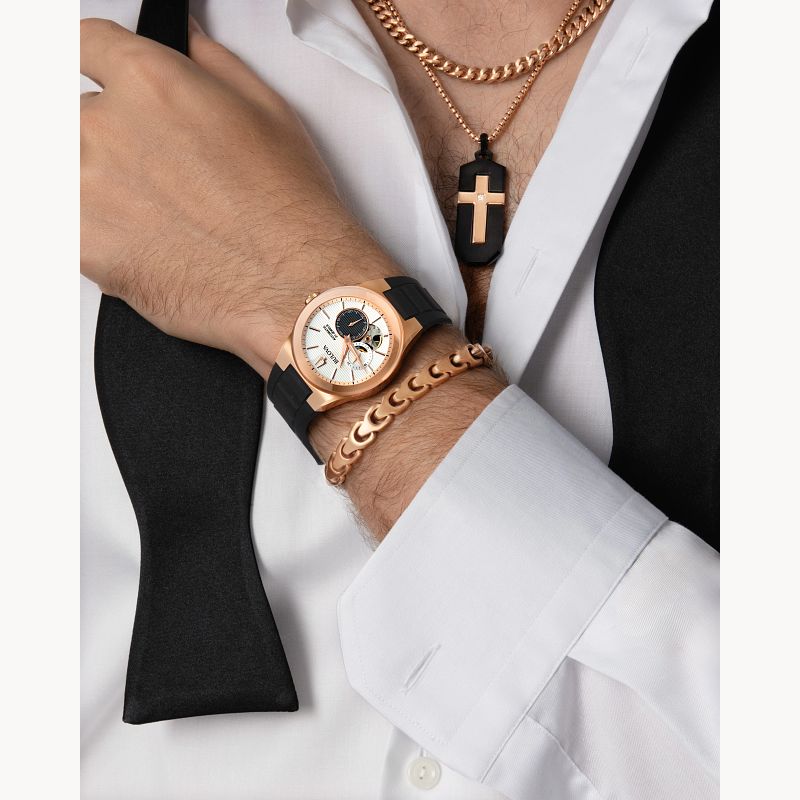 RELOJ BULOVA LATIN GRAMMY, AUTOMATICO, ESFERA DORADA, BRAZALETE DE CAUCHO NEGRO, 38 MM