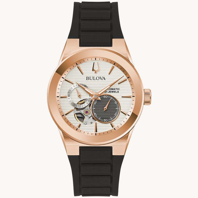 RELOJ BULOVA LATIN GRAMMY, AUTOMATICO, ESFERA DORADA, BRAZALETE DE CAUCHO NEGRO, 38 MM