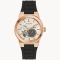 RELOJ BULOVA LATIN GRAMMY, AUTOMATICO, ESFERA DORADA, BRAZALETE DE CAUCHO NEGRO, 38 MM