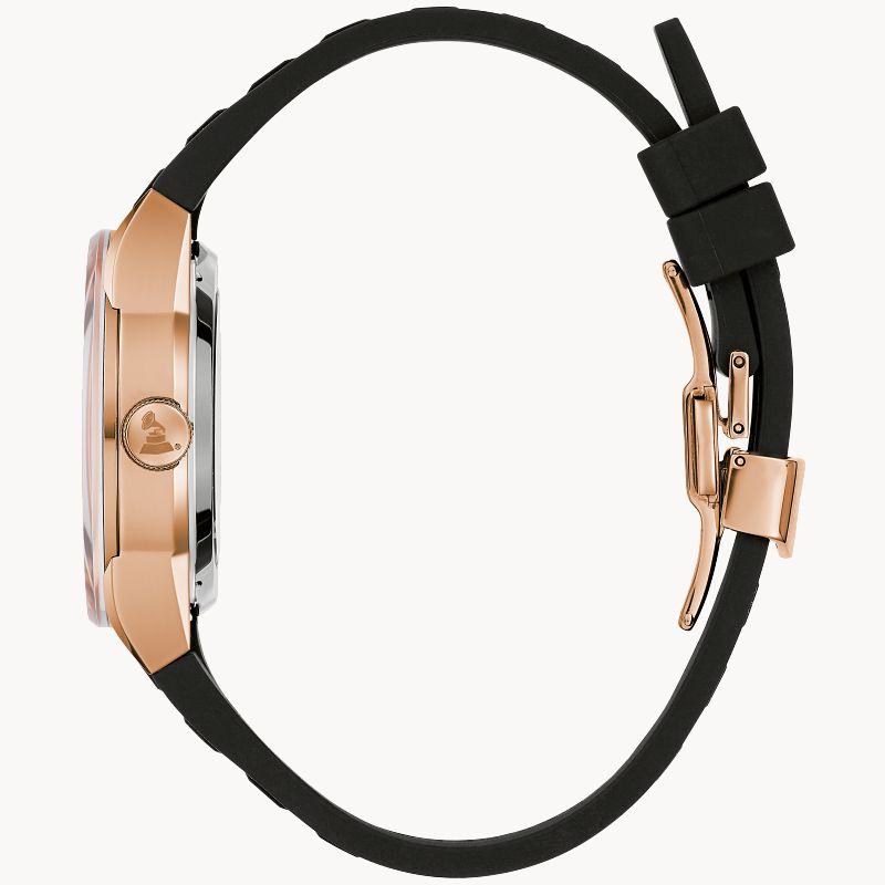 RELOJ BULOVA LATIN GRAMMY, AUTOMATICO, ESFERA DORADA, BRAZALETE DE CAUCHO NEGRO, 38 MM