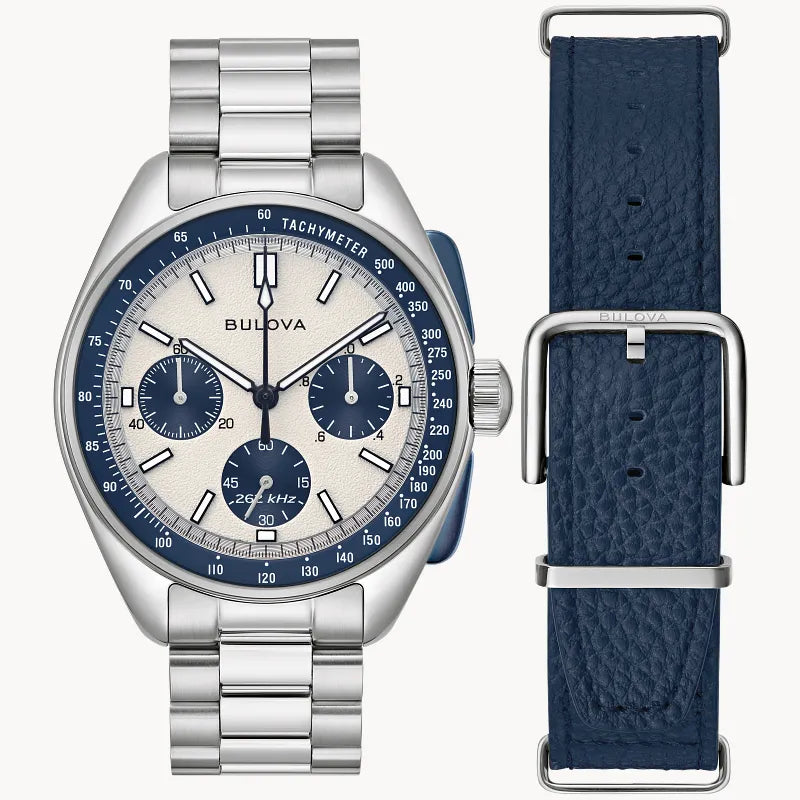 RELOJ BULOVA LUNAR PILOT CUARZO, ESFERA AZUL, BRAZALETE DE ACERO Y CUERO AZUL, 43.5 MM