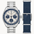 RELOJ BULOVA LUNAR PILOT CUARZO, ESFERA AZUL, BRAZALETE DE ACERO Y CUERO AZUL, 43.5 MM