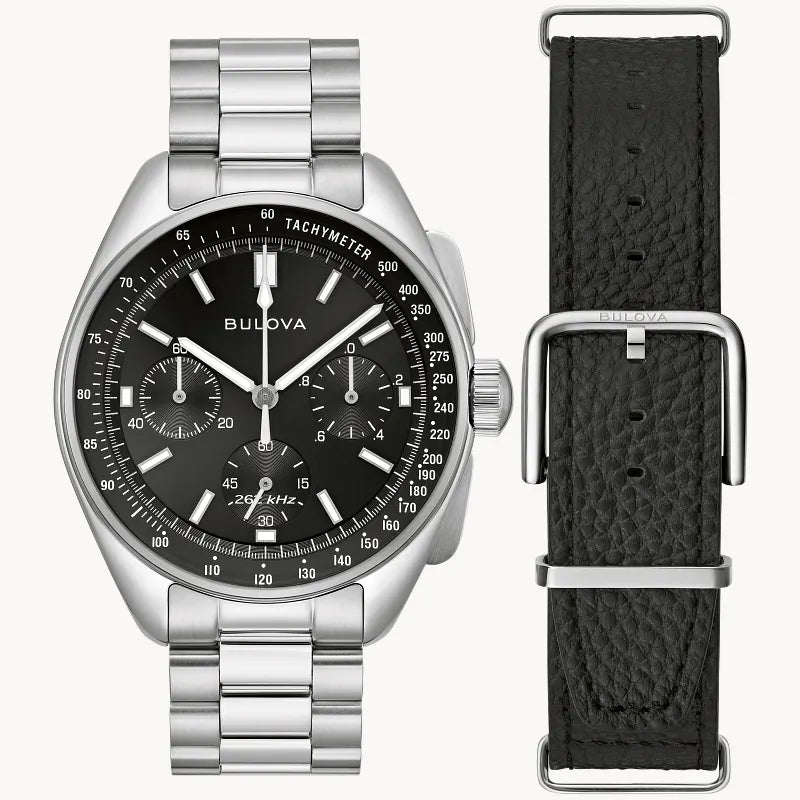 RELOJ BULOVA LUNA PILOT, CUARZO ESFERA NEGRO, BRAZALETE DE ACERO Y CUERO, CRONOGRAFO, 43.5 MM