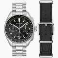 RELOJ BULOVA LUNA PILOT, CUARZO ESFERA NEGRO, BRAZALETE DE ACERO Y CUERO, CRONOGRAFO, 43.5 MM