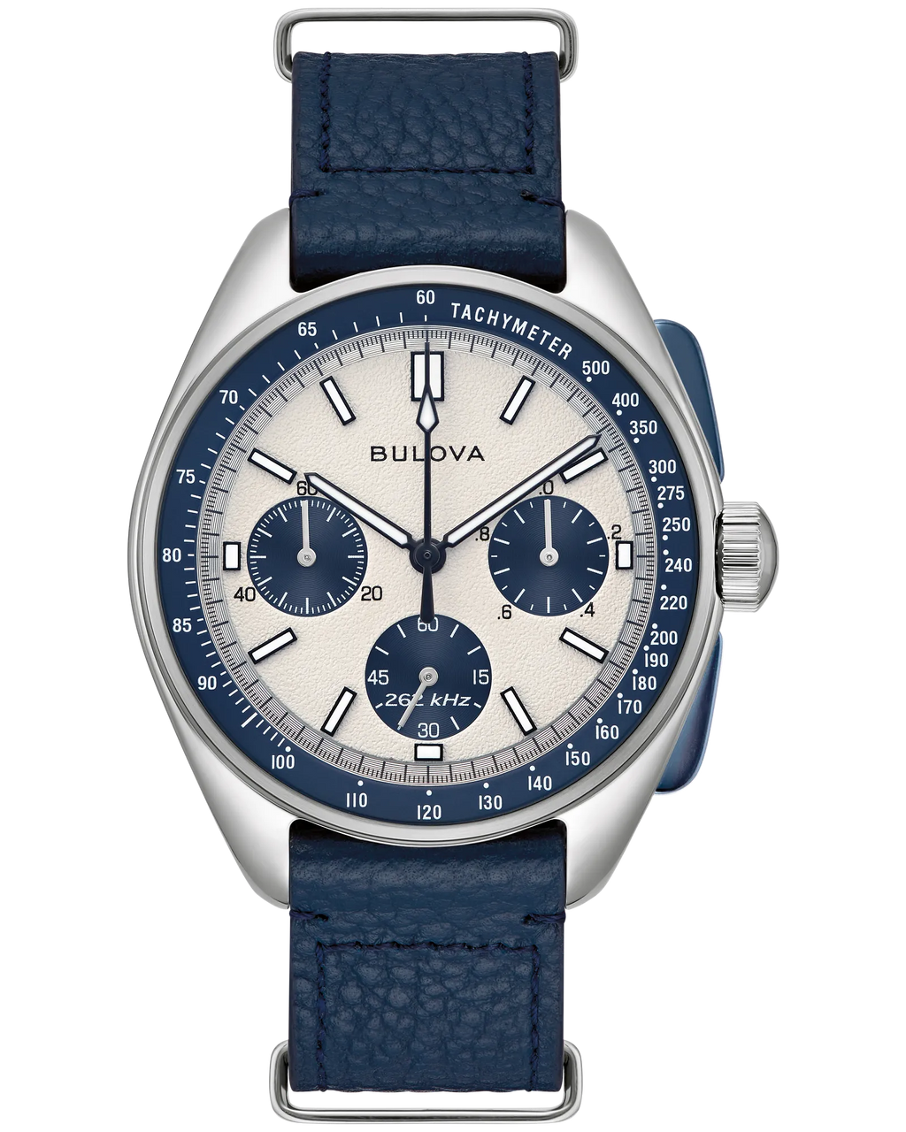 RELOJ BULOVA LUNAR PILOT CUARZO, ESFERA AZUL, BRAZALETE DE ACERO Y CUERO AZUL, 43.5 MM