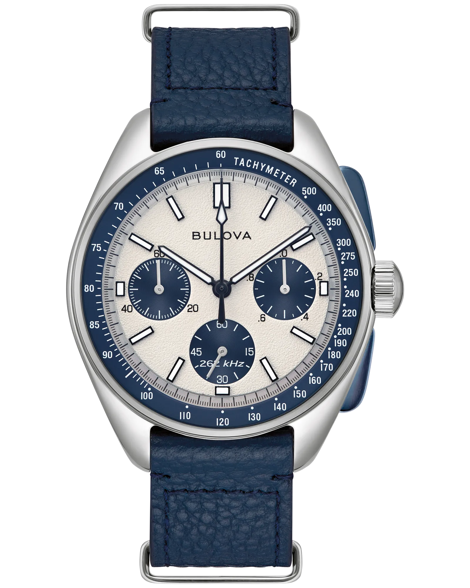 RELOJ BULOVA LUNAR PILOT CUARZO, ESFERA AZUL, BRAZALETE DE ACERO Y CUERO AZUL, 43.5 MM