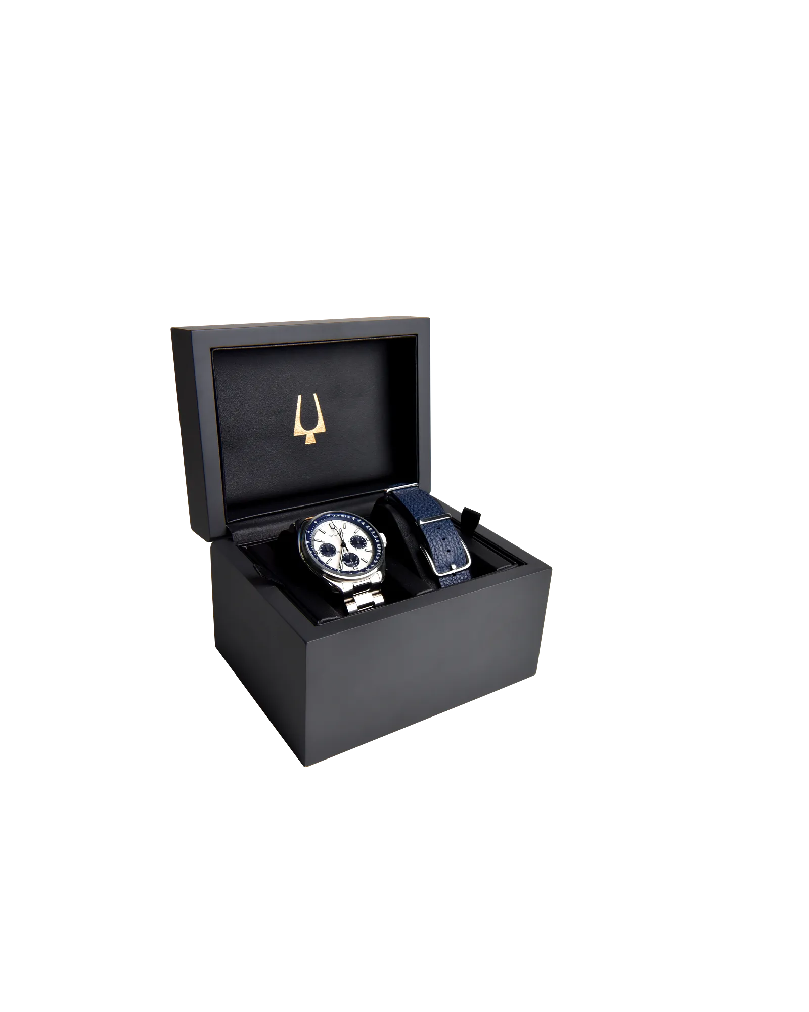 RELOJ BULOVA LUNAR PILOT CUARZO, ESFERA AZUL, BRAZALETE DE ACERO Y CUERO AZUL, 43.5 MM