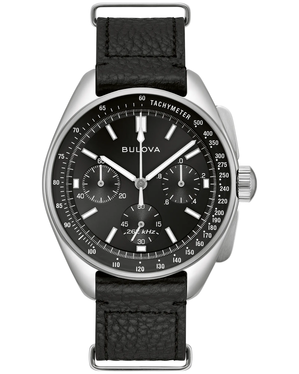 RELOJ BULOVA LUNA PILOT, CUARZO ESFERA NEGRO, BRAZALETE DE ACERO Y CUERO, CRONOGRAFO, 43.5 MM