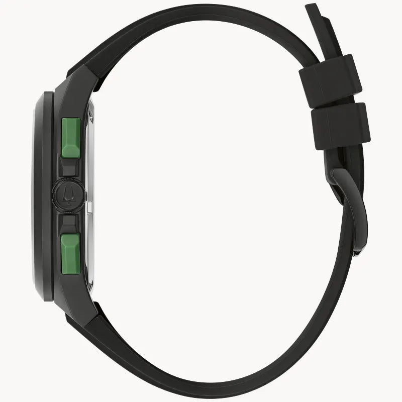 RELOJ BULOVA MAQUINA, CUARZO, ESFERA NEGRA, BRAZALETE DE CAUCHO NEGRO, 46 MM