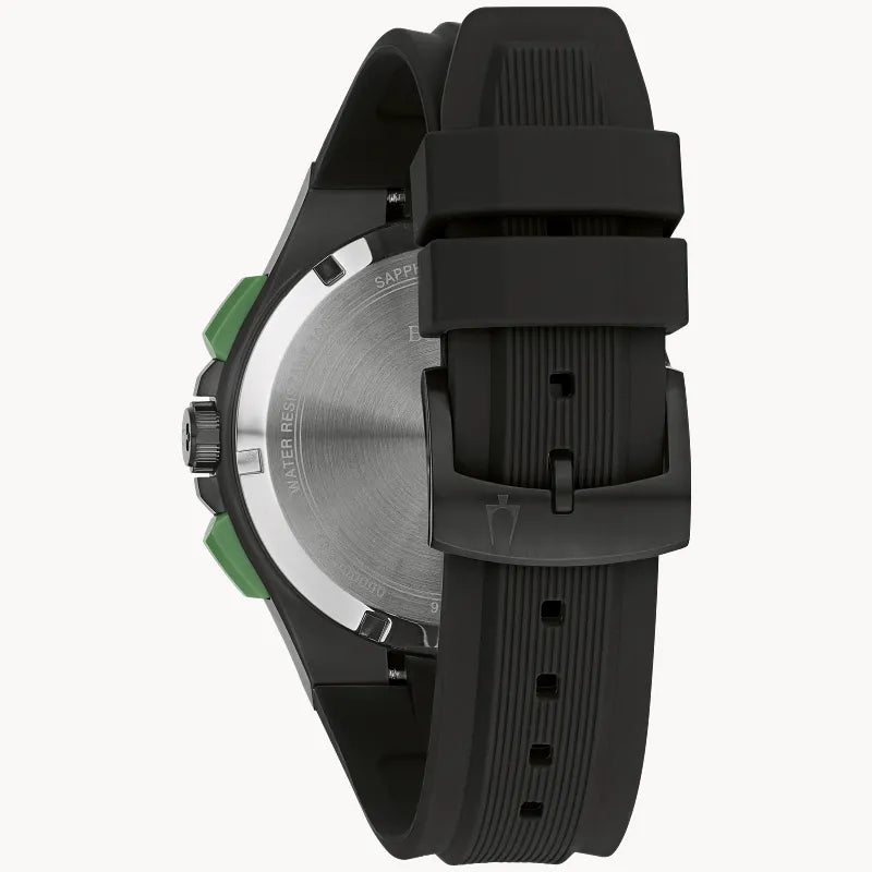 RELOJ BULOVA MAQUINA, CUARZO, ESFERA NEGRA, BRAZALETE DE CAUCHO NEGRO, 46 MM