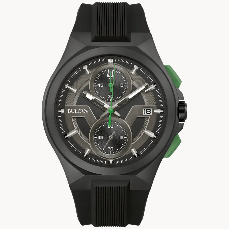 RELOJ BULOVA MAQUINA, CUARZO, ESFERA NEGRA, BRAZALETE DE CAUCHO NEGRO, 46 MM