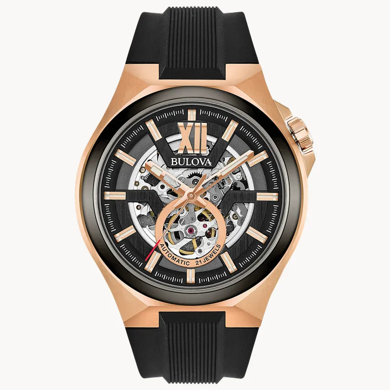 RELOJ BULOVA MAQUINA, AUTOMATICO, ESFERA NEGRA, BRAZALETE DE CAUCHO NEGRO, 46 MM