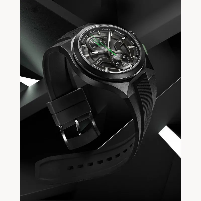 RELOJ BULOVA MAQUINA, CUARZO, ESFERA NEGRA, BRAZALETE DE CAUCHO NEGRO, 46 MM