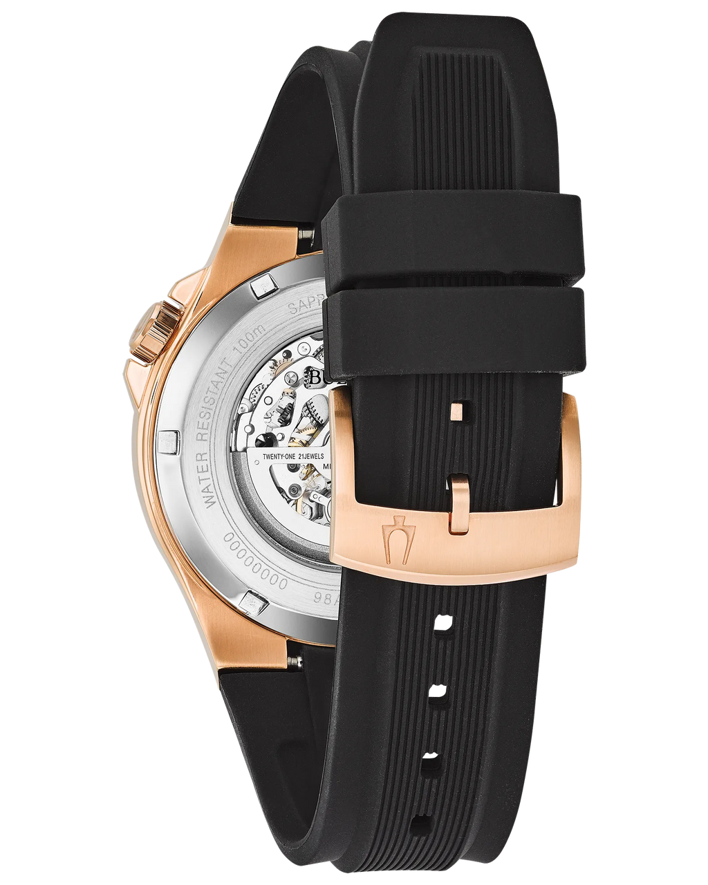 RELOJ BULOVA MAQUINA, AUTOMATICO, ESFERA NEGRA, BRAZALETE DE CAUCHO NEGRO, 46 MM