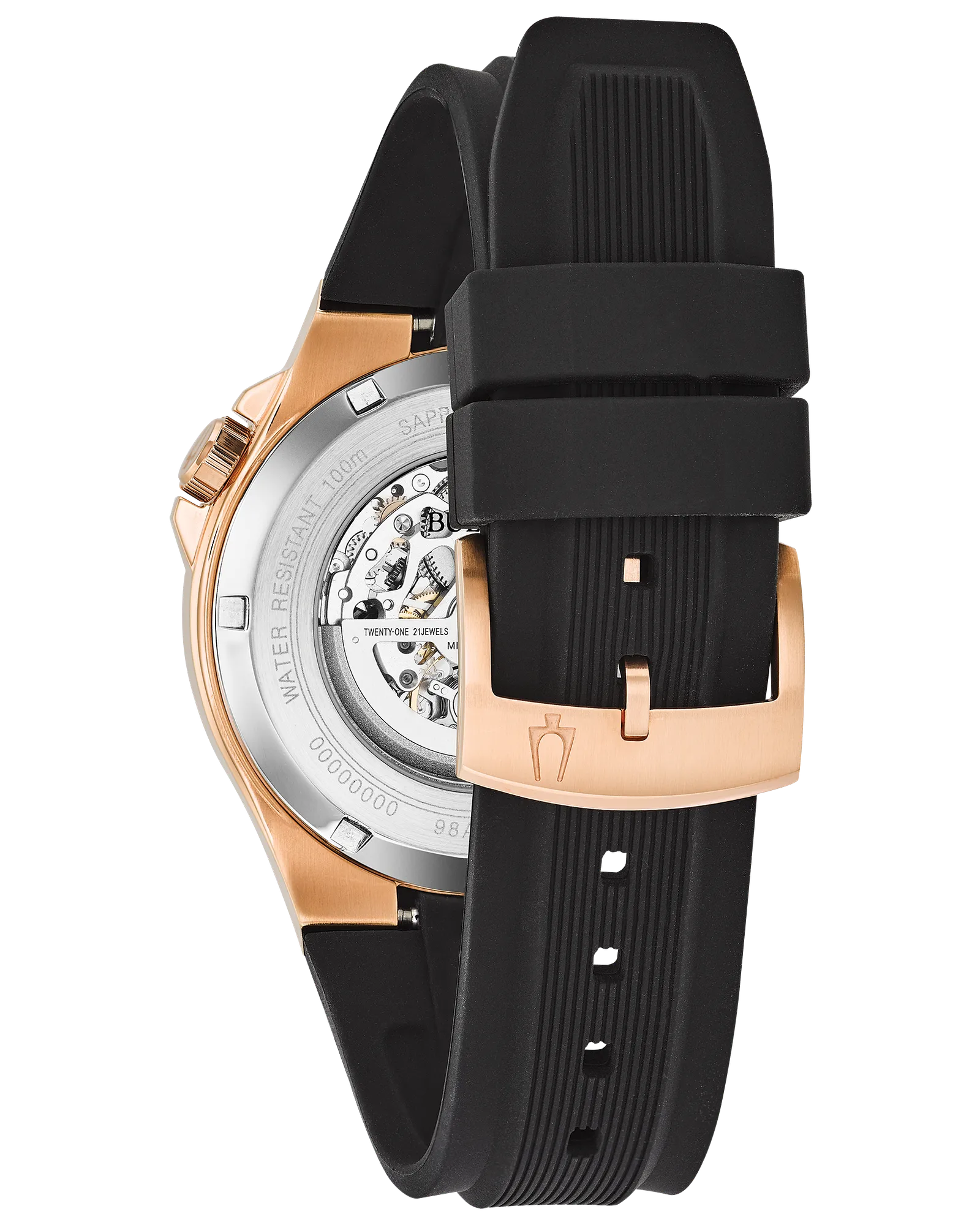 RELOJ BULOVA MAQUINA, AUTOMATICO, ESFERA NEGRA, BRAZALETE DE CAUCHO NEGRO, 46 MM