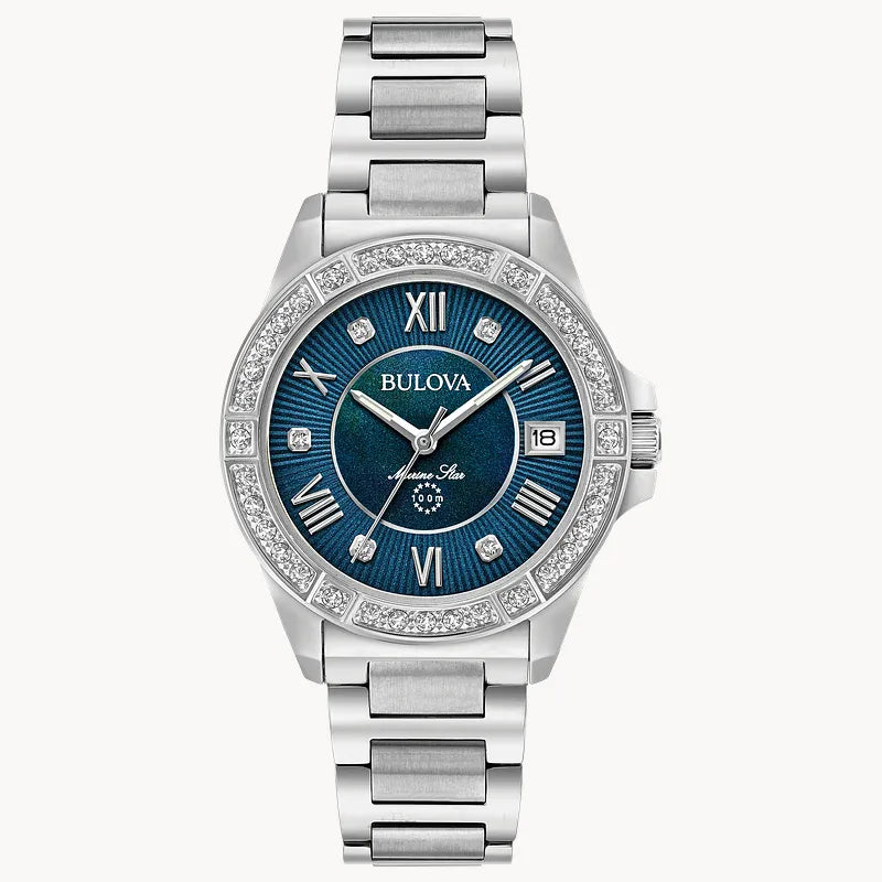 RELOJ BULOVA MARINE STAR, CUARZO ESFERA AZUL, BRAZALETE DE ACERO, DIAMANTES, 32 MM