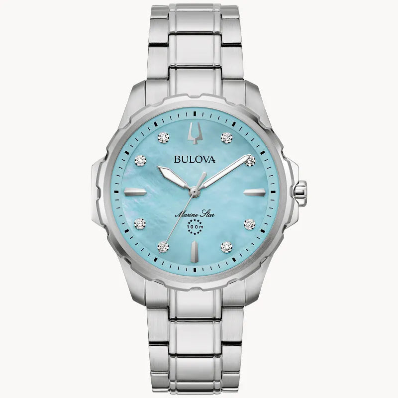 RELOJ BULOVA MARINE STAR, CUARZO, ESFERA CELESTE, BRAZALETE DE ACERO, DIAMANTES, 36 MM