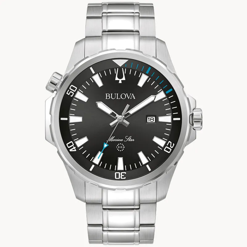 RELOJ BULOVA MARINE STAR, CUARZO, ESFERA NEGRA, BRAZALETE DE ACERO, FECHA, 43 MM
