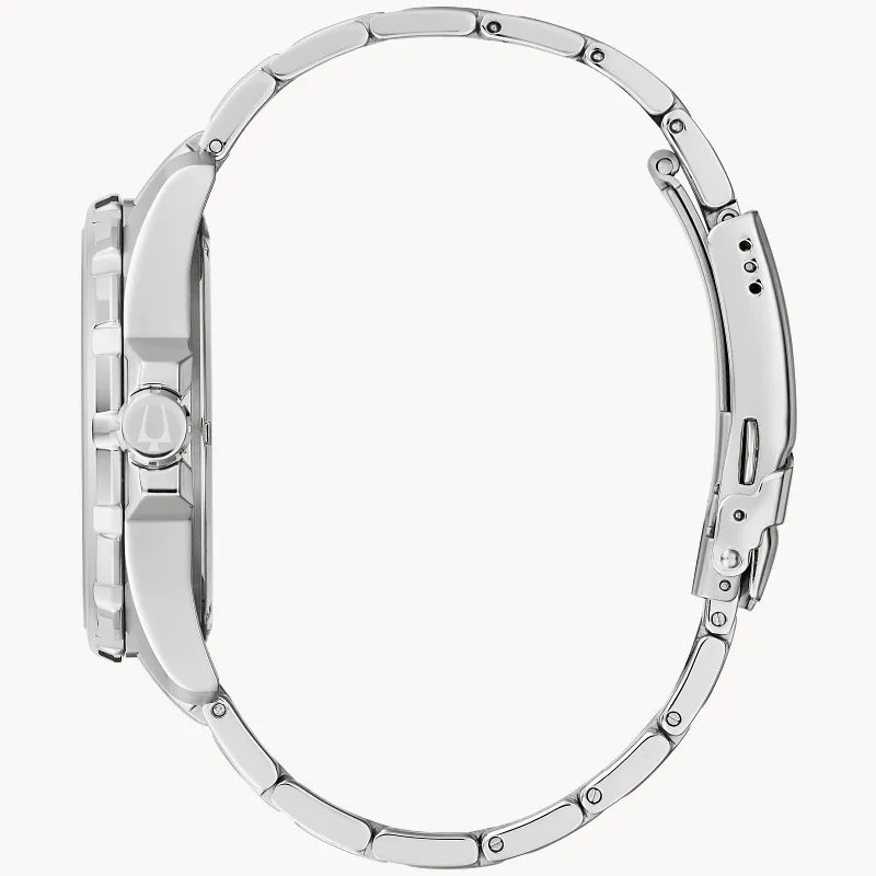 RELOJ BULOVA MARINE STAR, CUARZO, ESFERA NEGRA, BRAZALETE DE ACERO, FECHA, 43 MM