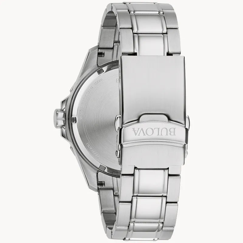 RELOJ BULOVA MARINE STAR, CUARZO, ESFERA NEGRA, BRAZALETE DE ACERO, FECHA, 43 MM